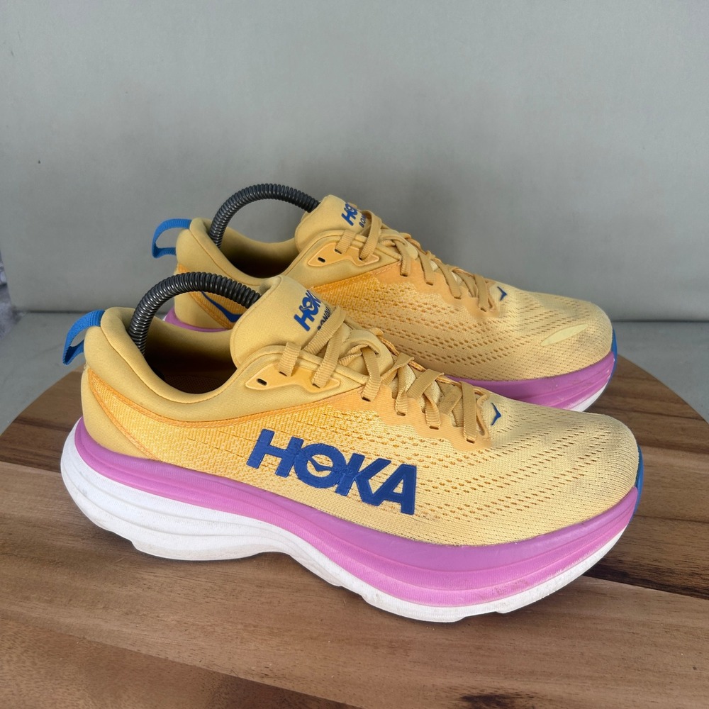 Hoka Bondi 8 Womens Size 9.5 B Running Shoes Yellow Pink Blue 1127952 ICYC